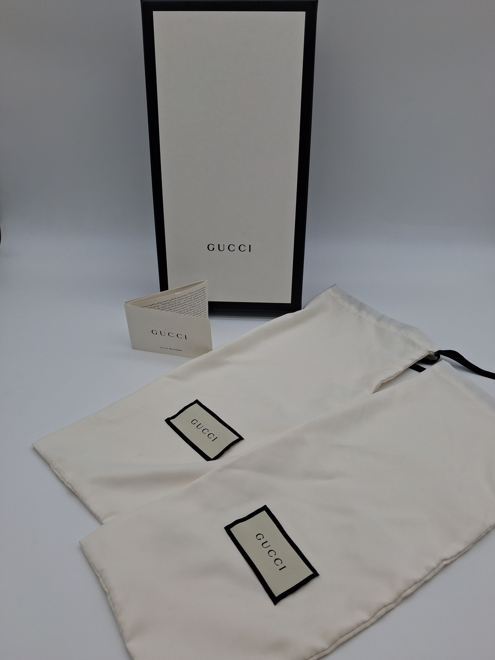 GUCCI Black White Gift Box 2 Dust Bags Tissue Care Booklet Packaging Set EUC